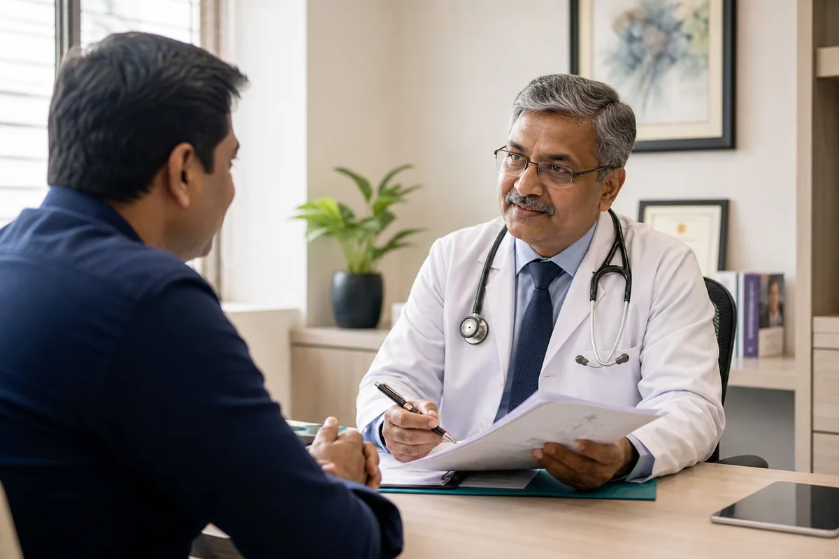 Experienced Indian doctor providing an attentive consultation to a patient