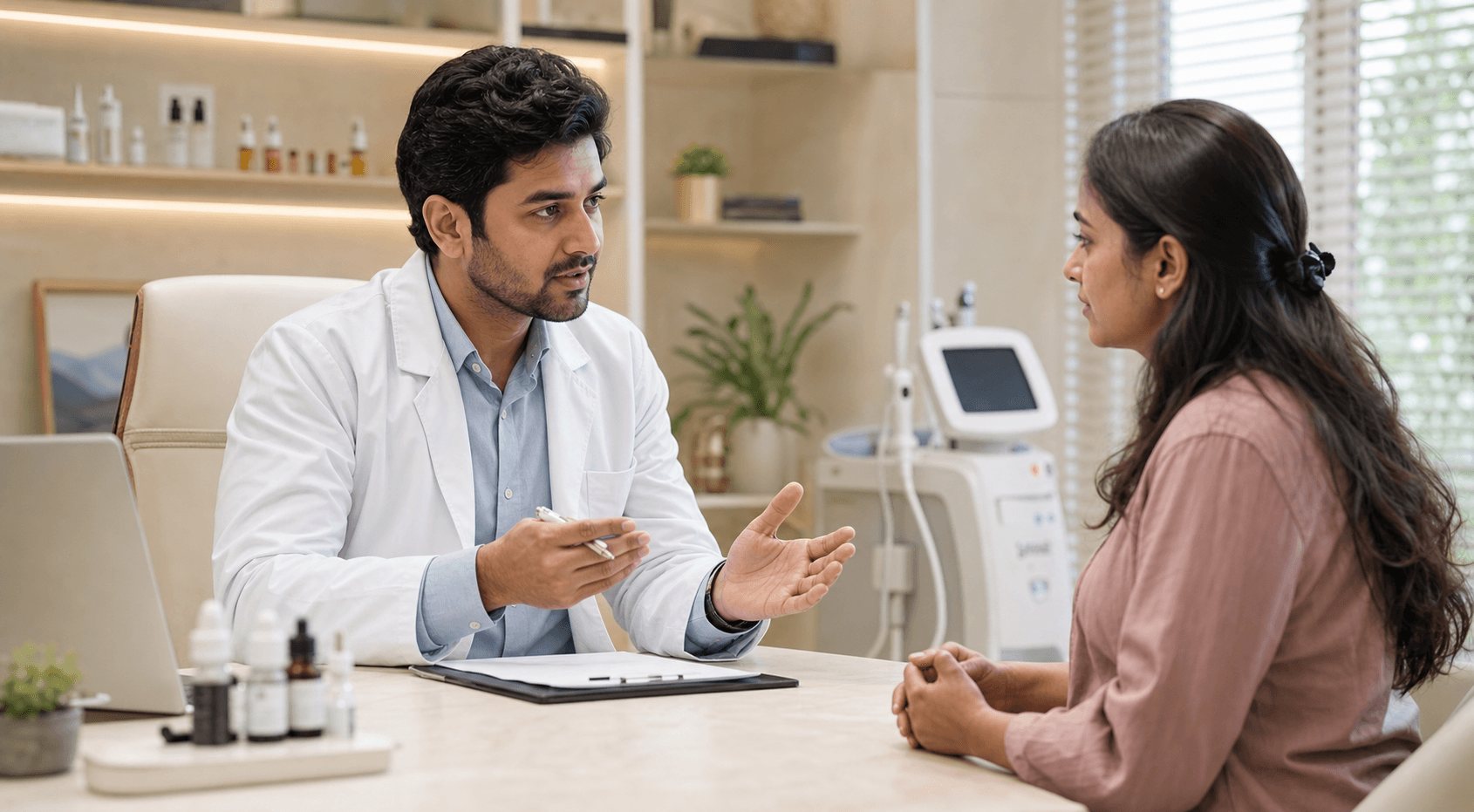 Male doctor consulting with a patient in a premium integrated therapy clinic setting