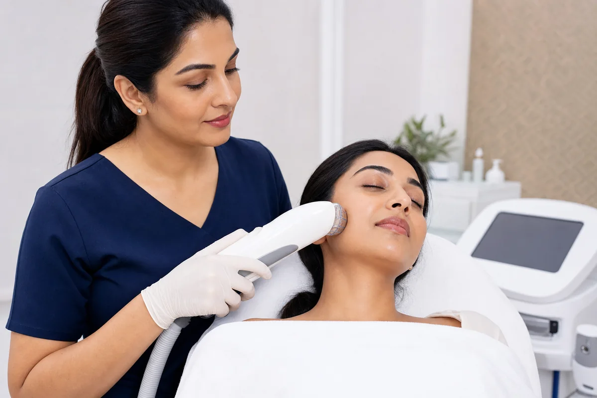 Clinician performing a gentle non-surgical facial rejuvenation treatment